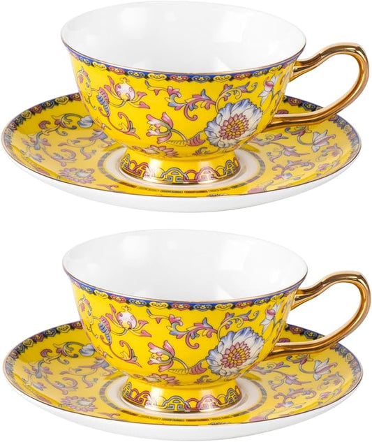 KAMMAK Tea Cups and Saucers Set of 2, Fine Bone China Coffee Cups, Stackable Espresso Mugs, Ceramic Demitasse for Coffee, Cappuccino, Latte, Americano, Tea, Full Bloom Yellow