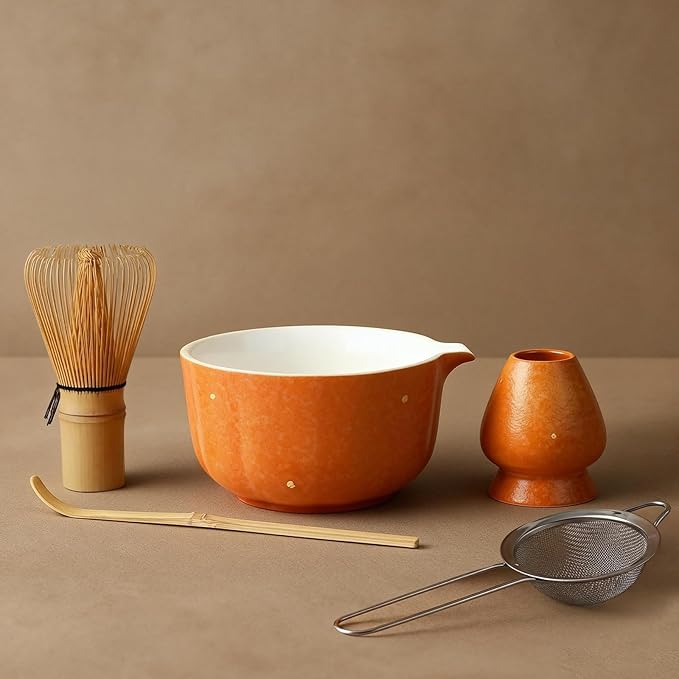 Matcha Whisk Set Includes Matcha Bowl with Spout, Bamboo Whisk (Chasen), Whisk Holder, Sifter, Scoop, 5PCS Matcha Starter Kit for Matcha Lovers, Matcha Set with Gold Foil Decoration, Orange