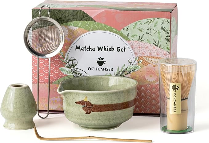 Matcha Set with Dog Pattern, Japanese Matcha Whisk Set Includes Matcha Bowl with Spout, Whisk Holder, Bamboo Whisk and Scoop, Matcha Sifter, 17 oz Ceramic Matcha Kit for Tea Lovers (Mottled Green)