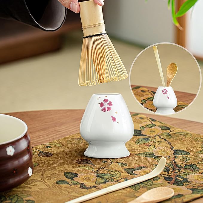 Traditional Japanese Matcha Tea Whisk Set, 4 Piece Bamboo Ceremonial Kit with Ceramic Holder (Four-leaf clover red)