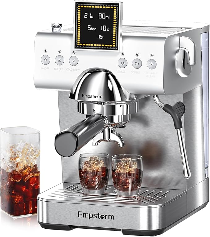 20 Bar Espresso Machine Stainless Steel Espresso Maker with Milk Frother with LED Display, 2 IN 1 Hot& cold brew coffee maker, Coffee Machine 50oz Water Tank, for Home Barista Cappuccino Latte