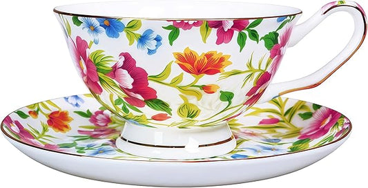 Tea cup and Saucer Set Royal Garden Style Tea Coffee Cup with Saucer 7 Ounces Bone China Teacup and saucer Set(White)