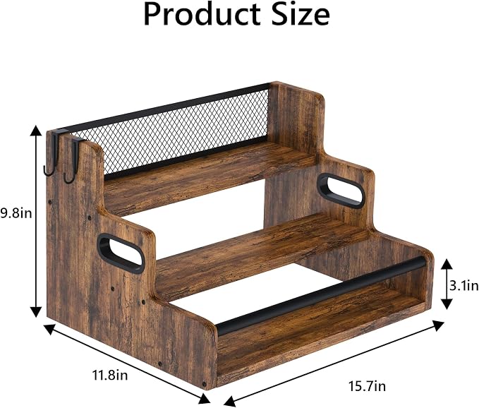 Aduanbang Liquor Bottle Display Shelf, 3 Step Countertop Organizer, Retro Bar Stand for Whiskey, Wine, Spirits (Rustic Brown) - Image 3