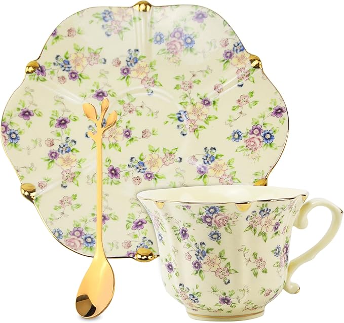 Country Roses Porcelain Tea Cup and Saucer Set with Gold Trim, Vintage Style, For Women and Tea Parties (1, Yellow)
