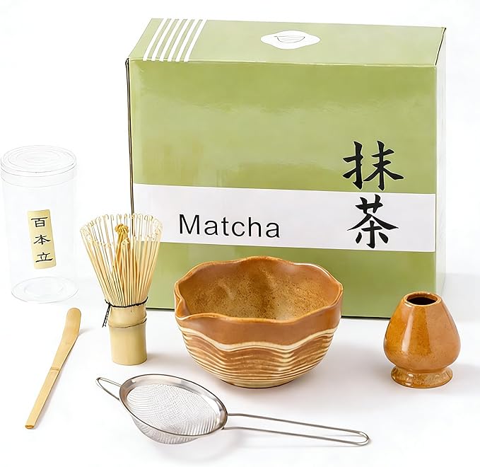 Matcha Bowl Set with Bamboo Whisk, Sifter & Scoop - Complete Ceramic Japanese Tea Ceremony Kit for Traditional Matcha Preparation (tan yellow (with a textured finish of light and dark gradients）)