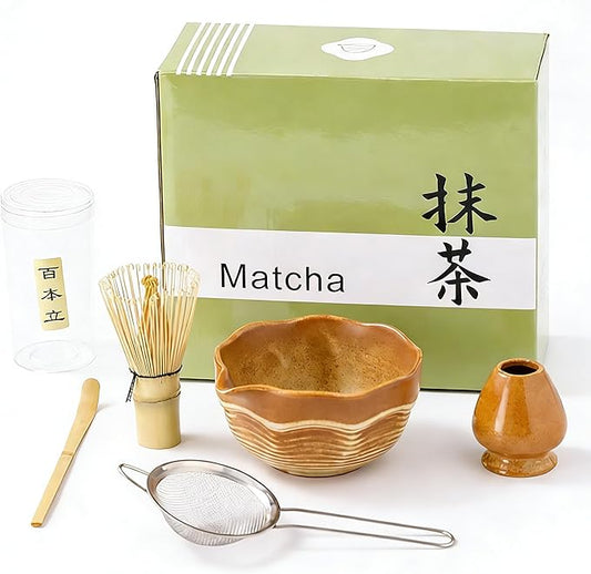 Matcha Bowl Set with Bamboo Whisk, Sifter & Scoop - Complete Ceramic Japanese Tea Ceremony Kit for Traditional Matcha Preparation (tan yellow (with a textured finish of light and dark gradients）)