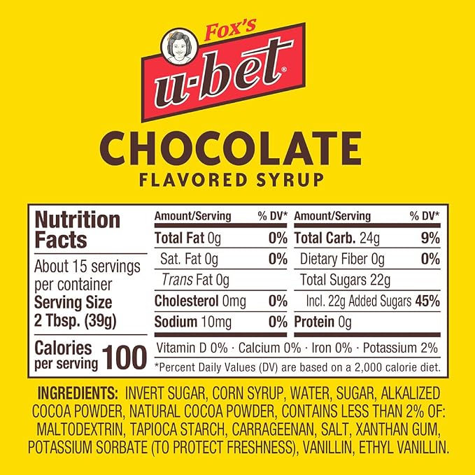 FOX’S U-BET Syrup Bottle – Brooklyn Original Since 1900, Thick, No High Fructose Corn Syrup, Kosher Certified, Fat Free, For Egg Creams, Coffee, Milkshakes & Desserts (2-Pack, Chocolate & Vanilla) - Image 2
