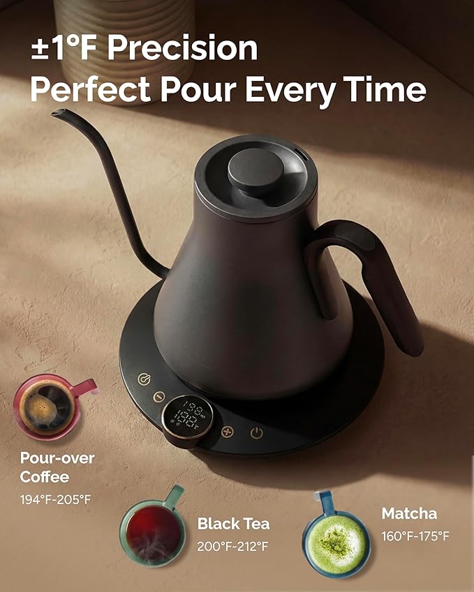 Electric Kettle, Gooseneck Electric Kettle, ±1℉ Temperature Control, BPA-Free Stainless Steel Inner, Quick Heating, for Pour Over Coffee, Brew Tea, Boil Hot Water, 1500W/0.9L Dark Grey