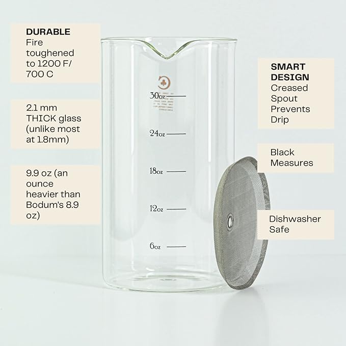 French Press Replacement Glass with Steel Filters by Cafe Crush Club - Fire Hardened Borosilicate Beaker - 34 Ounce | 1 Liter Size with Black Measures