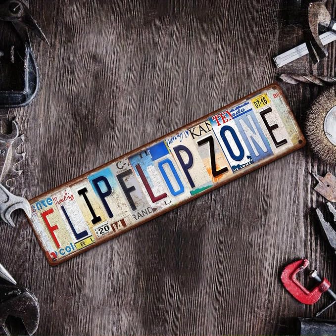 Vintage License Plate FLIP FLOP ZONE Sign – 16x4 Inch Rustic Tin Wall Décor for Beach House, Poolside, Patio, Coastal Cottage or Summer Bar - Image 6