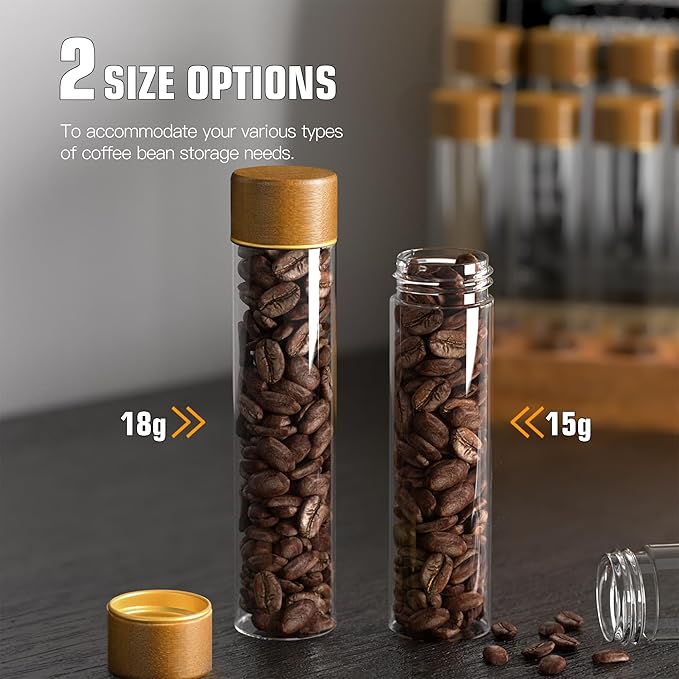 Coffee Bean Cellars with Stand & Hopper, Single Dose Coffee Bean Storage, 12 Pcs Espresso Bean Container with Wooden Holder, Dosing Glass Vials with Lids and Funnel for Coffee, Spices, Tea