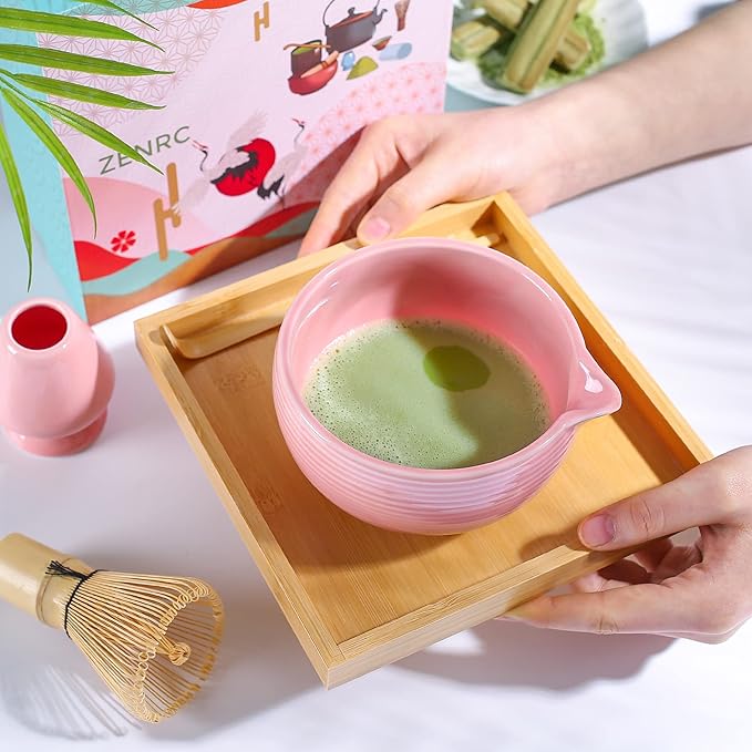 Traditional Matcha Bowl with Pouring Spout and Whisk Holder (Reshaper) - Handmade Japanese Style Matcha Chasen Ritual Kit- 22oz Big Salad Porridge Juice Bowl Chawan (Baby Pink)