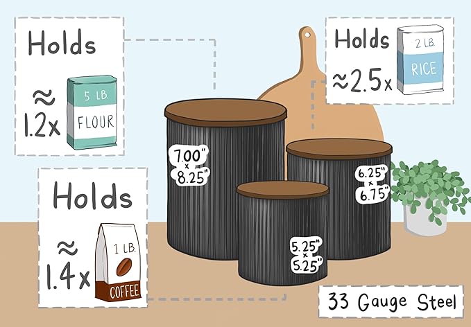 Farmhouse Kitchen Canisters for Countertop - Approx. 5, 4 & 2 Quart/Tin Canisters Sets for the Kitchen/Rustic Home Decor/Modern Farmhouse Decor (Acacia)