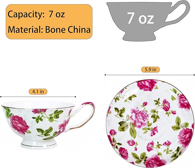 Tea cup and Saucer Set Royal Garden Style Tea Coffee Cup with Saucer 7 Ounces Bone China Teacup and saucer Set (Floral-3)