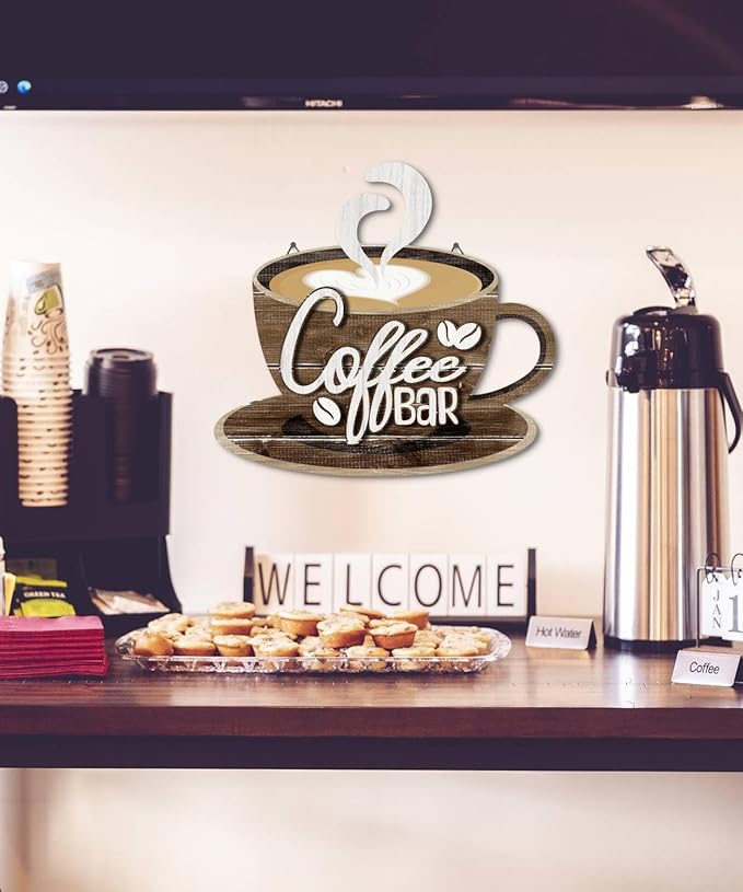 Putuo Decor Coffee Bar Wall Art, Double-Layer Coffee Cup Sign with Hook, Rustic Wall Decor for Kitchen, Living Room, Hotel, Vintage Farmhouse Decoration for Latte Lover (Brown)