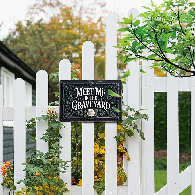 Gothic ''Meet Me In The Graveyard'' Metal Sign - 8x12 Inch, Vintage Halloween Art Sign For Bathroom, Pubs, Cafe, Office, Garage Decor, Halloween Party Accessories, Spooky Halloween Decor - Image 6
