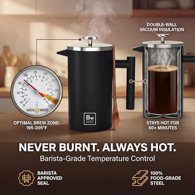 Barista Warrior French Press Coffee Maker Stainless Steel with Built-In Thermometer - Insulated Double Wall Design, Dual Filter System, Stay-Cool Handle & Wood Spoon - Black