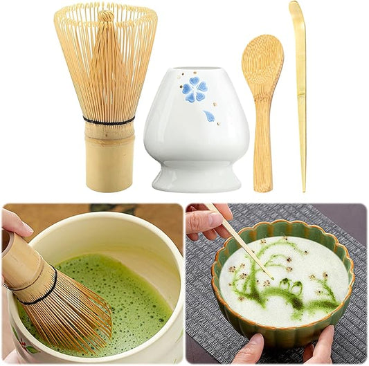 Traditional Japanese Matcha Tea Whisk Set, 4 Piece Bamboo Ceremonial Kit with Ceramic Holder (Four-leaf clover blue)