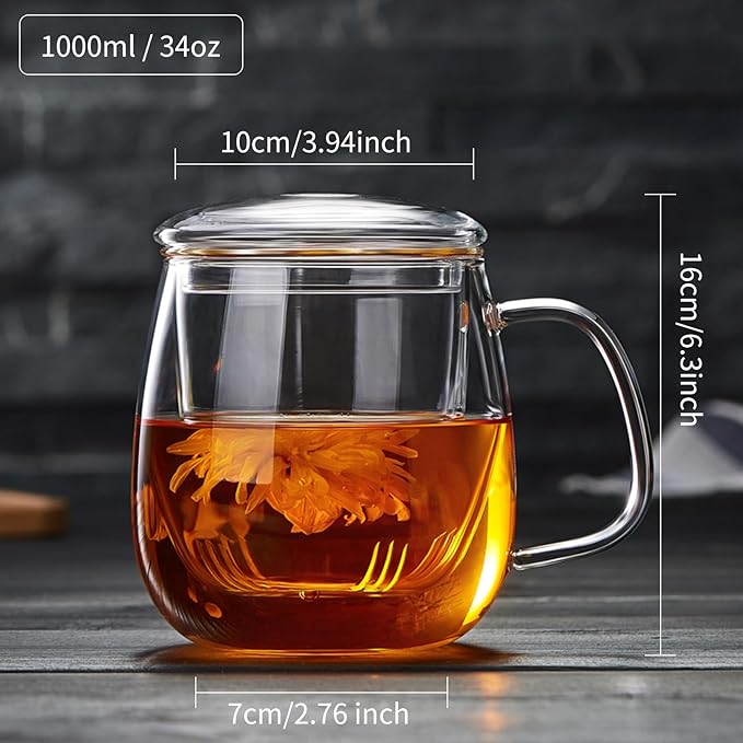 Large Glass Tea Cup, 34 oz Borosilicate Glass Tea Mug with Infuser and Lid, 1000ML Clear Tea Cups for Brewing Scented Tea and Tea Bag.