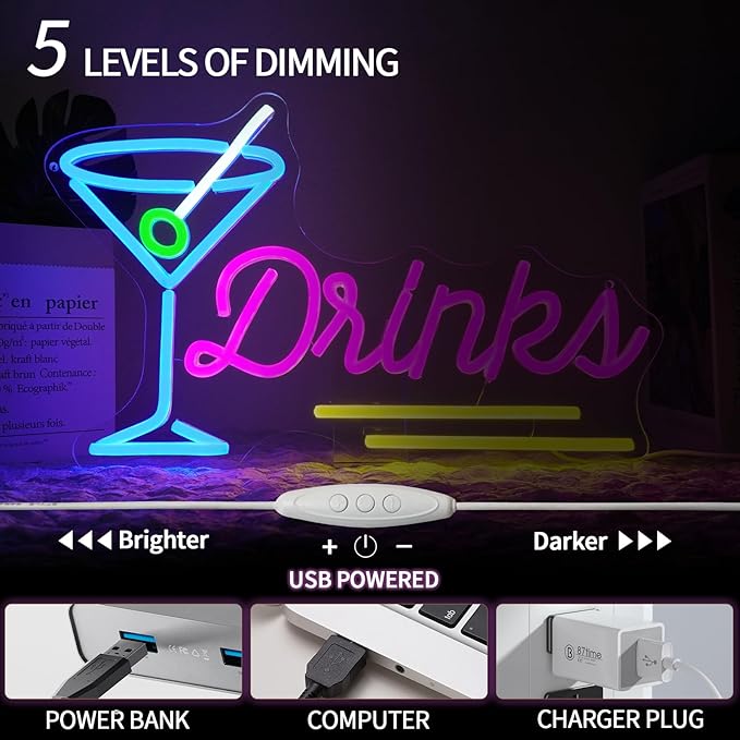 Drinks Neon Sign Dimmable Cocktail Neon Light Sign for Wall Decor Blue Pink Letters Led Signs for Bar Party Man Cave Pub Restaurant Bistro Room Decor Gift for Boys 16.5" x 10.2"