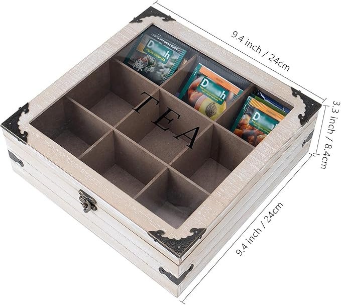 Tea Box Organizer - 9 Compartment Rustic Storage Box, Holder for Tea Bags, Coffee Pods, Instant Coffee Packets, Creamers, Sugar (Gray)