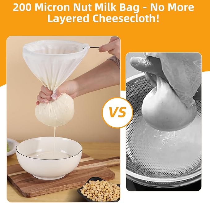 5 Pcs Premium Ultra Fine Mesh Strainer Bags with Stainless Steel Handle, Reusable Nut Milk Bags, Cheese Cloths for Straining Juice, NutMilk, Coffee, Thai Tea, Yogurt and Soup (Small)