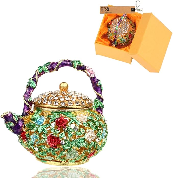 YU FENG 4.7inch Mini Teapot Trinket Box Hinged For Girls Ring Holder Handmade Ring Holder Dish Decorated (teapot) Christmas Gift