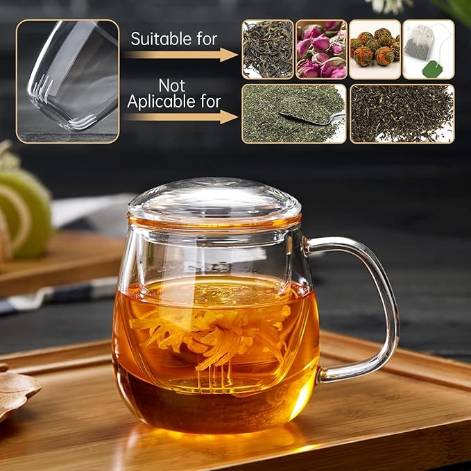 Glass Teacups 2 Pack Glass Tea Cup with Infuser and Lid, 17.6oz/520ml Large Borosilicate Teacup,Tea Clear Mug Cup for Loose Leaf Blooming Tea, Microwave & Dishwasher Safe.