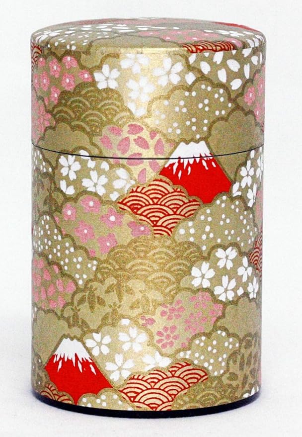 Washi Paper Tea Tin Canister: Long 3.5oz (100g) Mt. Fuji During The Sunset - Aka Fuji (#132), Japan