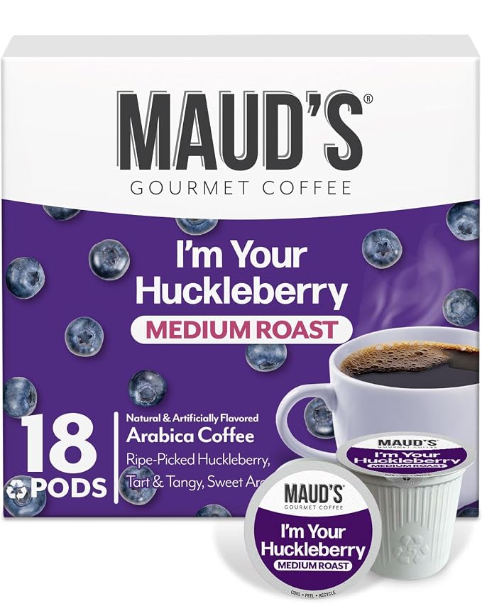Maud's Huckleberry Flavored Coffee Pods, 18 ct, Medium Roast Flavored Coffee in Single Serve Pods – 100% Arabica Beans, Compatible with Keurig K Cups Maker by MAUDSCOFFEETEA