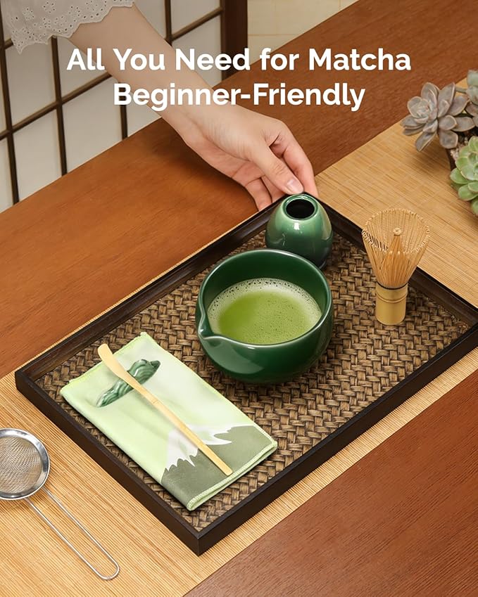 Maestri House Matcha Whisk Set, 7-Pc Complete Matcha Kit with Spouted Ceramic Bowl, Bamboo Whisk and Holder, Scoop, Spoon Rest & Sifter, Tea Cloth – Ideal Gift for Matcha Lovers (Emerald Kanso)