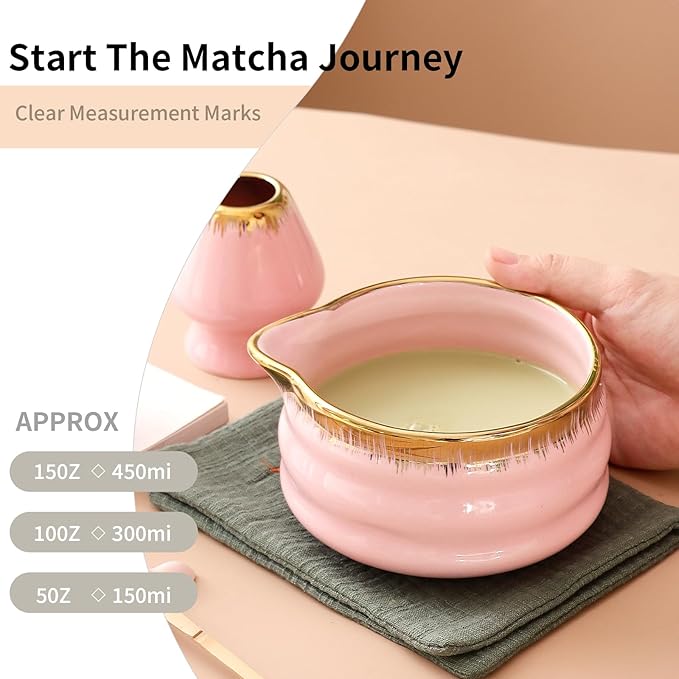 7-Piece Matcha Set: Matcha Bowl + Bamboo Whisk Kit, Ceremonial Matcha Whisk Tools with Golden Texture Details, Japanese Tea Ceremony Starter Kit, Unique Matcha Gift (pink)