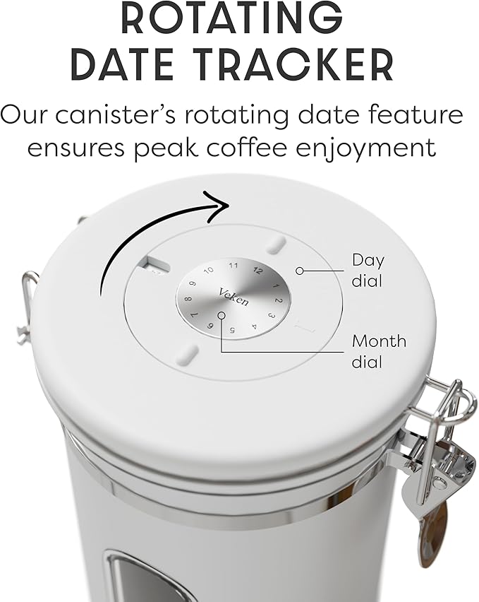 Veken Coffee Canister with Window, Easter Gifts Airtight Stainless Steel Container with Lids, Home Kitchen Food Storage Jars for Grounds, Beans, Tea, Flour, Cereal, Sugar, Basket, Scoop, 22OZ, White