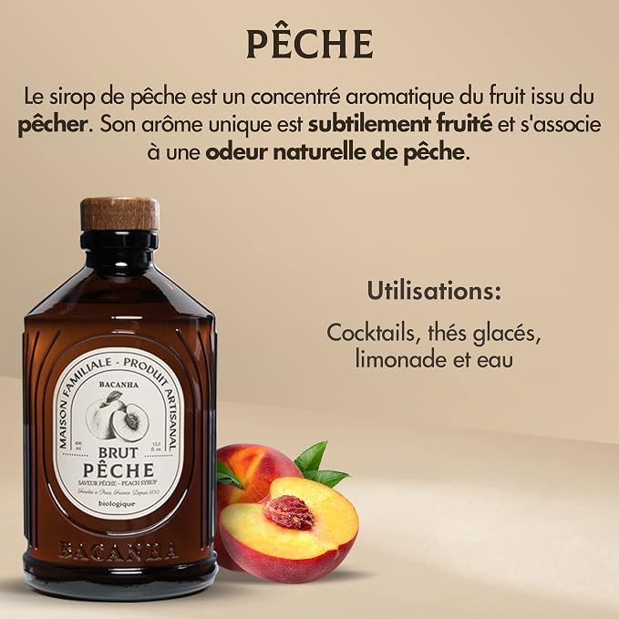 Bacanha Organic Raw Peach Syrup - Premium French Fruit Syrup - Sweet & Juicy Flavor for Cocktails & Lemonades - Gourmet and Organic - For Coffee, Mocktails, Teas, Desserts - 400ml Glass Bottle - Image 4