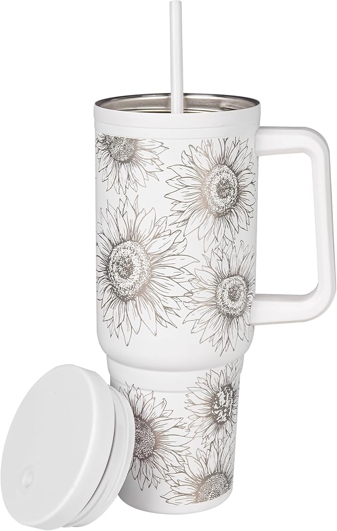 Engraved Sunflower 40oz Insulated Tumbler with Handle, Lid & Straw - Use for Water, Tea, Coffee & More-Disabled USMC Vet Owned Small Business - Sunflower 40oz Tumbler