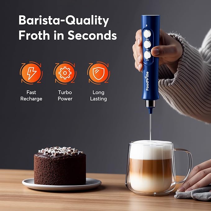 MF02 Rechargeable Milk Frother Handheld Foam Maker with Stainless Whisk for Cappuccino, Latte, Bulletproof Coffee, Keto Diet, Protein Powder, Matcha (Classic Blue)