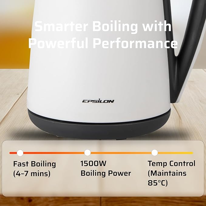 Epsilon Double Wall Electric Kettle 1100W – 1.7L Hot Water Tea Kettle & Hot Water Boiler with Auto Shut-Off, Boil Dry Protection, BPA-Free Stainless Steel Electric Teapot, Fast Boil, Cool Touch Design