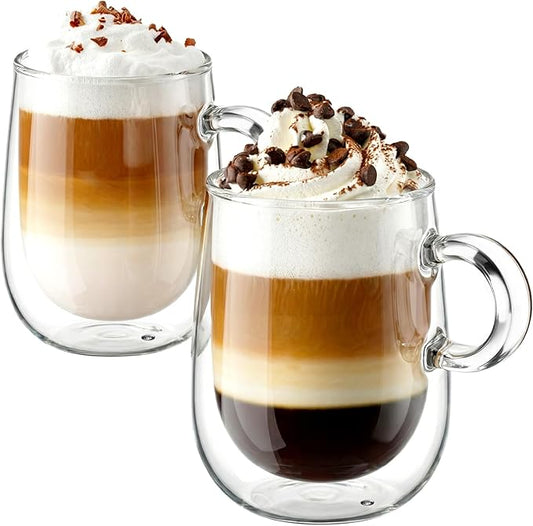 Glastal Double Walled Glass Coffee Mugs 12 oz, Cappuccino Cups Set of 2, Clear Glass with Handle, Insulated Borosilicate Double Wall Latte Coffee Mugs Milk Tea Cup, German Quality