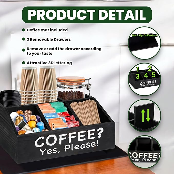 Coffee Bar Organizer for Countertop and Silicone Mat Included - Coffee Organizer Station with Removable Drawers - Tea Station for Countertop - Home Bar Accessories