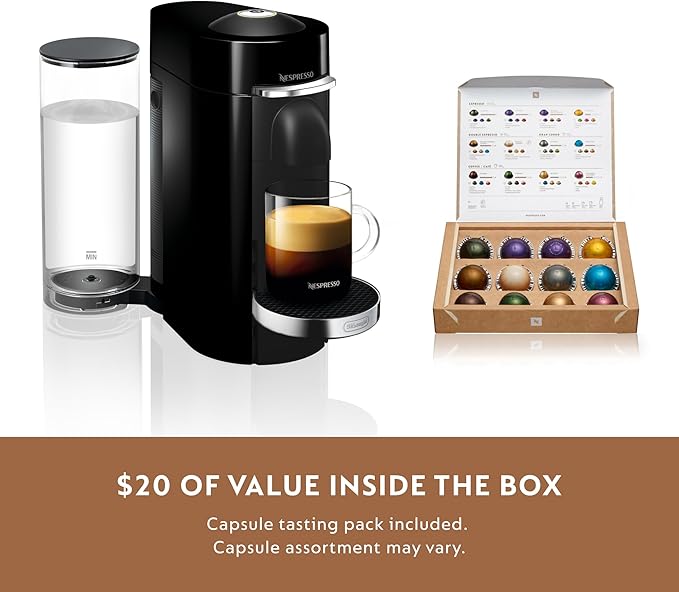 Nespresso VertuoPlus Deluxe Coffee and Espresso Machine Bundle with Aeroccino Milk Frother by De'Longhi, Black