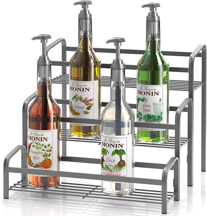 DTUQYX Coffee Syrup Organizer 3-Tier, 12 Bottles Capacity Coffee Syrup Rack,Metal Syrup Stand for Spice, Wine, Liquor, Bottle, Coffee Bar Station Racks Magnetic, No Installation,Grey