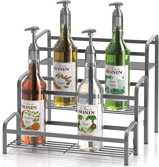 DTUQYX Coffee Syrup Organizer 3-Tier, 12 Bottles Capacity Coffee Syrup Rack,Metal Syrup Stand for Spice, Wine, Liquor, Bottle, Coffee Bar Station Racks Magnetic, No Installation,Grey