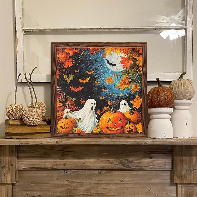 Vintage Halloween Theme Decorative Sign Spooky Ghosts & Pumpkins Art Wooden Sign, With Frame Fall Theme Sign for Home Office, Cafe, Bedroom Halloween Decor 7.87x7.87 Inch - Image 6