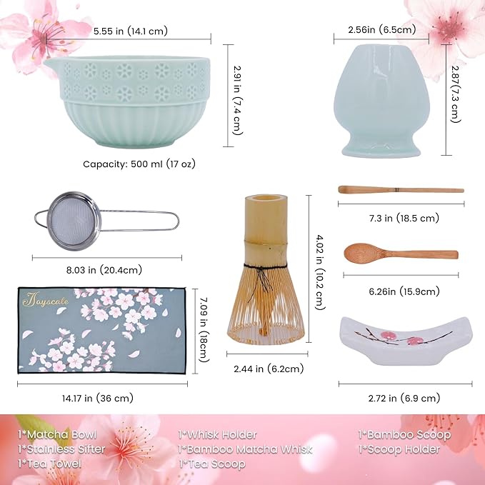 Joyscale Matcha Whisk Set, Matcha Set Whisk And Bowl, 8 Pcs Matcha Kit Set(Cherry Blossom Design), 18 OZ, Japanese Matcha Tea Set, Matcha Making Kit Gifts for Tea Lovers(Mint Green)