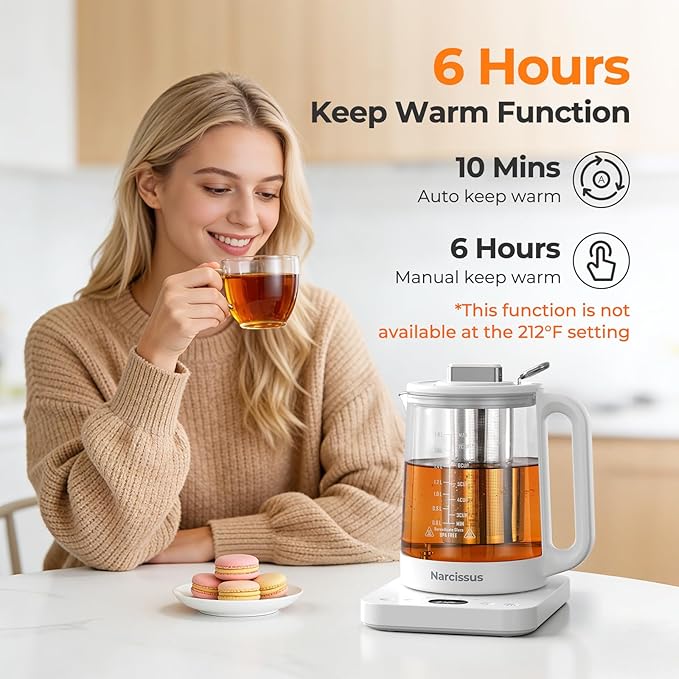 Narcissus Electric Kettle Temperature Control ±5℉, 1.8L Glass Electric Tea Kettle with Removable Infuser for Flowers & Fruit Tea, 1200W Fast Boiling, 6 Hours Keep Warming, White