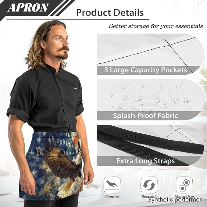 Server Apron with 3 Pockets 13 Inch Short Half Waist Aprons Waterproof Cooking Aprons for Women Men - Image 6