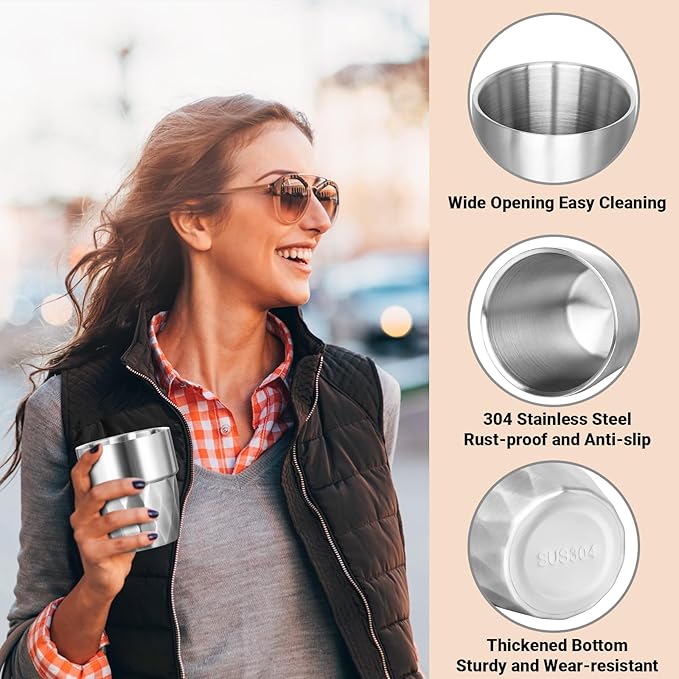 Steel Cups, 10 oz Insulated Tumbler, 4 Pack Double Wall Unbreakable Stackable Water Tumblers Insulated Stainless Metal Cup Premium Drinking Glasses for Travel Camping Home Outdoor