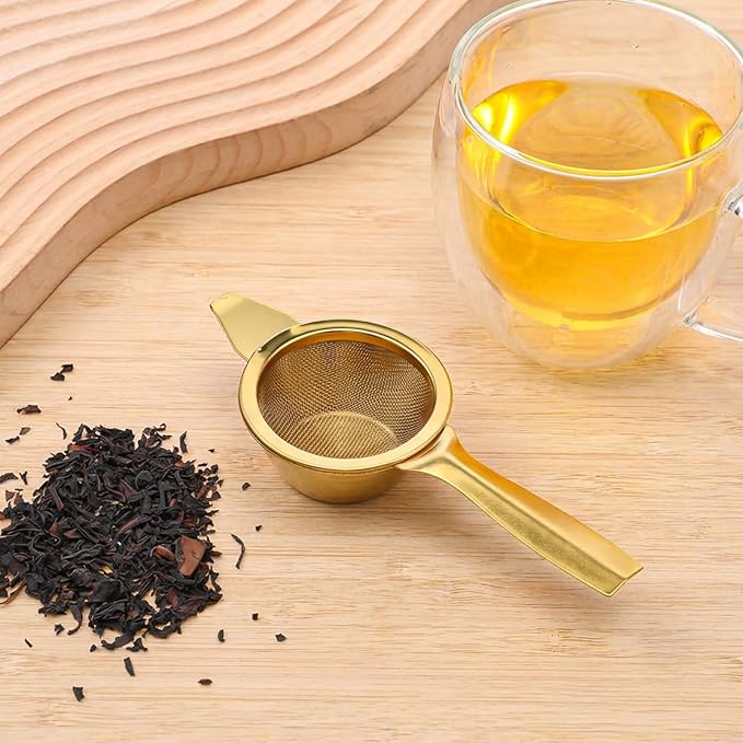 2 Pcs 2.36 Inch Mini Matcha Sifter, 30 Fine Mesh Stainless Steel Tea Strainer Dual-Use Matcha Sifter with Drip Cup for Loose Tea Coffee(gold)