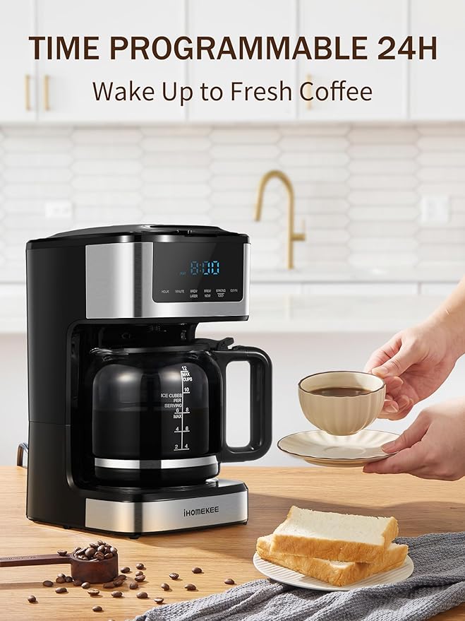 Coffee Maker, Programmable Drip Coffee Maker 12 Cup, Regular & Strong Brew Drip Coffee Machine with Iced Coffee Function for Home and Office, Black & Stainless Steel (Black,Silver)