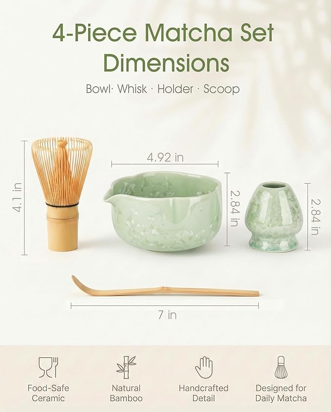 Matcha Whisk Set, 4-Piece Matcha Kit with Ceramic Matcha Bowl, Bamboo Whisk, Whisk Holder, scroop - Complete Matcha Tea Set Perfect for Beginners & Matcha Lovers Light Green